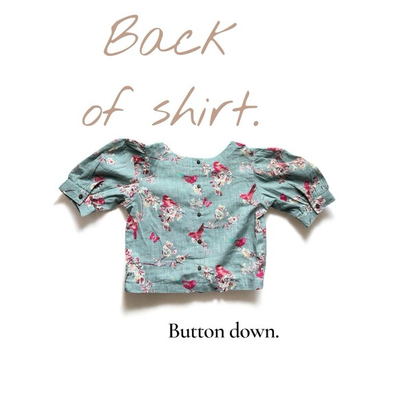 Bombay Paisley XS Linen Crop Top Bird Print Puff Sleeve Blouse Fairy Garden - Picture 6 of 16